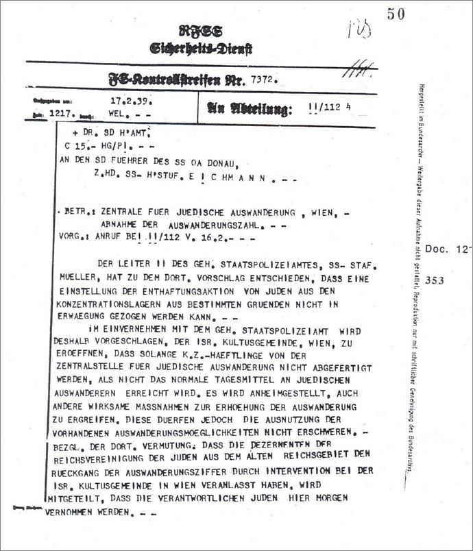 Letter from Eichmann pressuring for harsher measures against Vienna jews